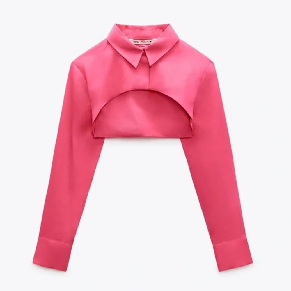 NWT ZARA POPLIN LONG SLEEVE CROP TOP in FUCHSIA